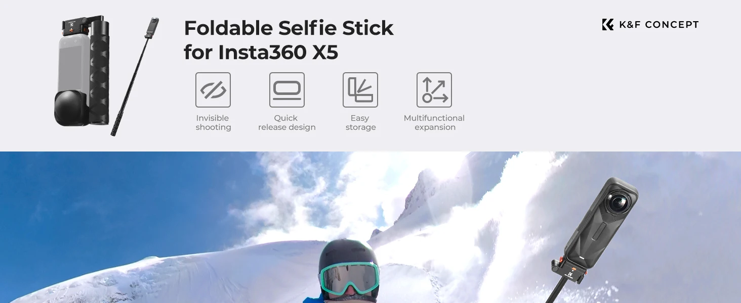 K&F CONCEPT Magnetischer klappbarer Selfie-Stick mit Schnellwechsel für Insta360 X6 X5 X4 Air – Aluminium-Teleskopstange mit unsichtbarem Stangendesign und stufenlos verstellbarer Länge für 360°-Vlogs – Detail 1