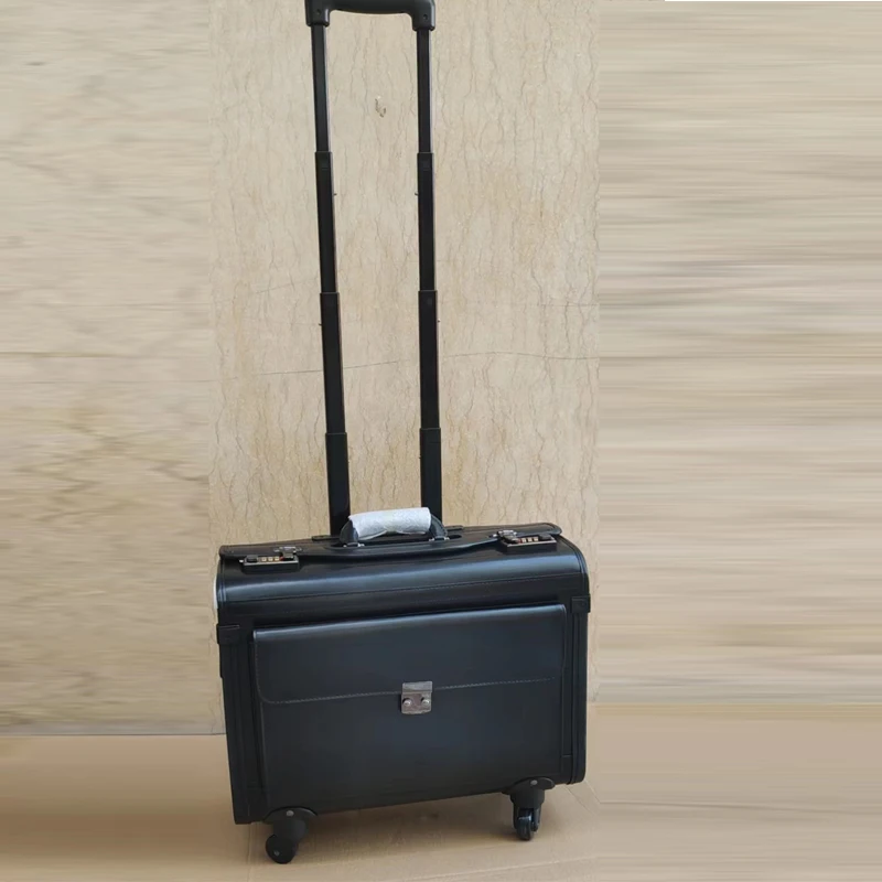 High Quality PU Leather Suit Case Luggage Trolley Fixed Caster Boarding Pilot Briefcase with Laptop Boarding Luggage