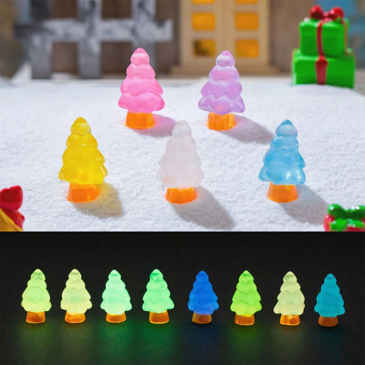 10/20PCS Luminous Christmas Tree Glow In Dark Mini Resin Decor For Random Color DIY Fairy Garden Party Gift