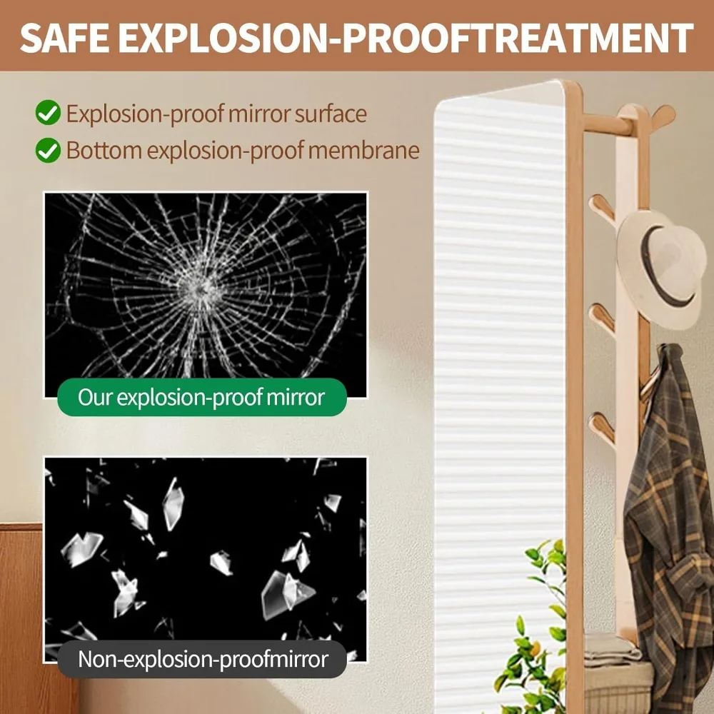 Bodenspiegel aus massivem Holz in voller Länge mit Ablageflächen und Garderobe – übergroßer Körperspiegel für Zuhause