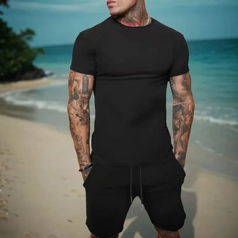 Conjunto masculino camiseta + shorts conjunto esportivo masculino impresso moda casual respirável conjunto de camiseta de manga curta-conjunto masculino