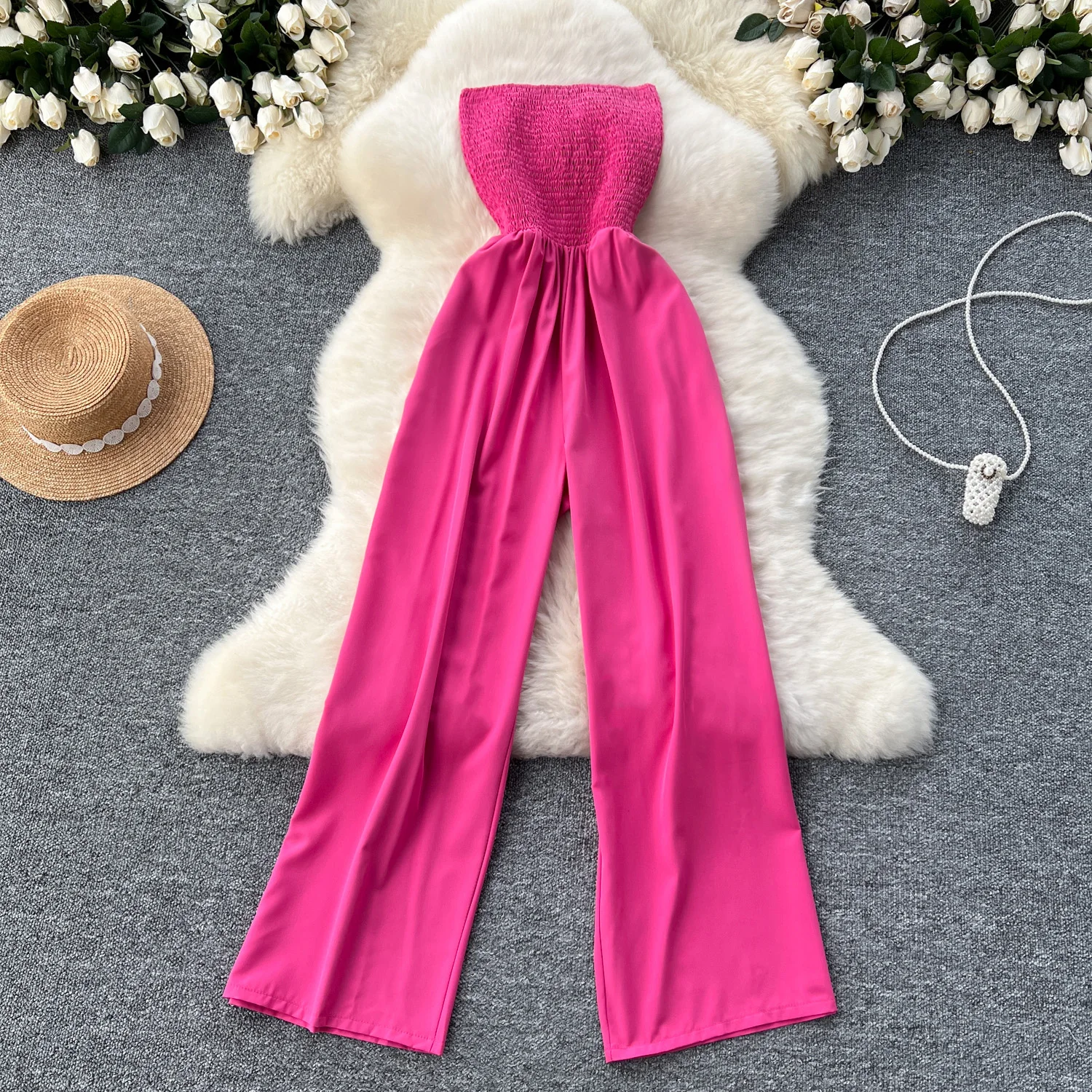 Clothland Women Sexy Strapless Jumpsuits Elastic Body Sleeveless Backless Candy Color One Piece Chic Playsuits Mujer KA480