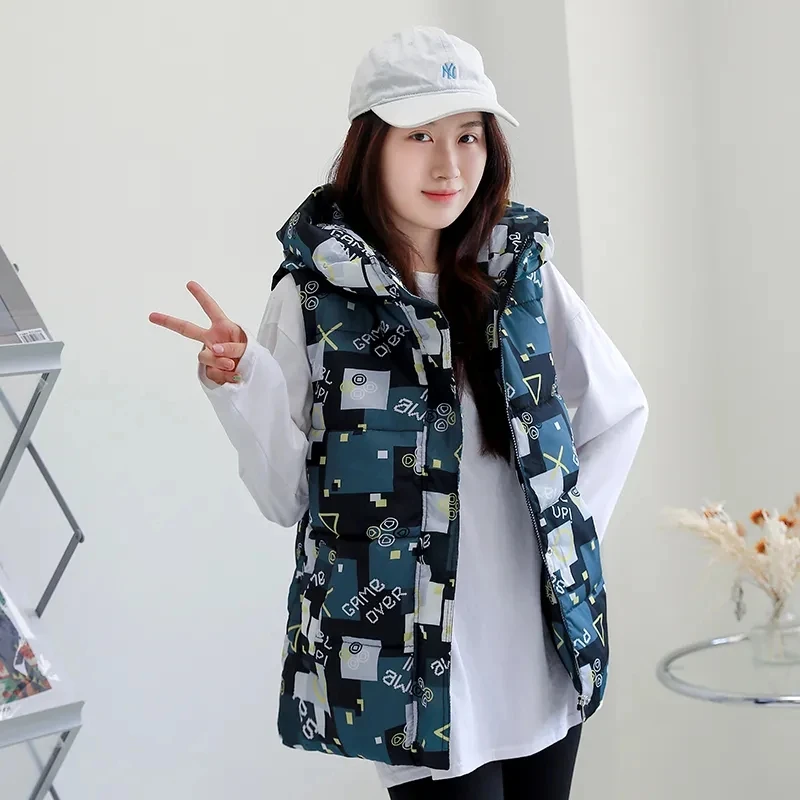 Gilet in cotone da donna coreano Cappotto in cotone da donna Giacca invernale senza maniche Gilet in cotone da studentessa di media lunghezza con cappuccio All Match