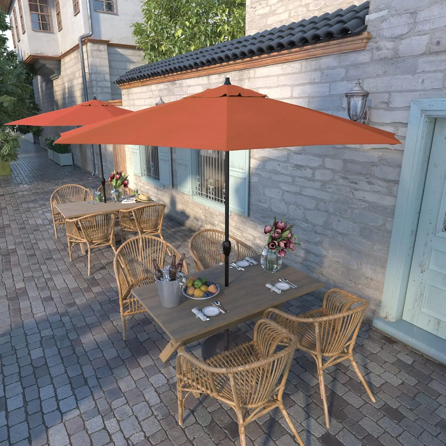 Umbrella 9' Rd Sunbrella Aluminum Patio Umbrella, Crank Lift, Auto Tilt, Bronze Pole, Melon Fabric