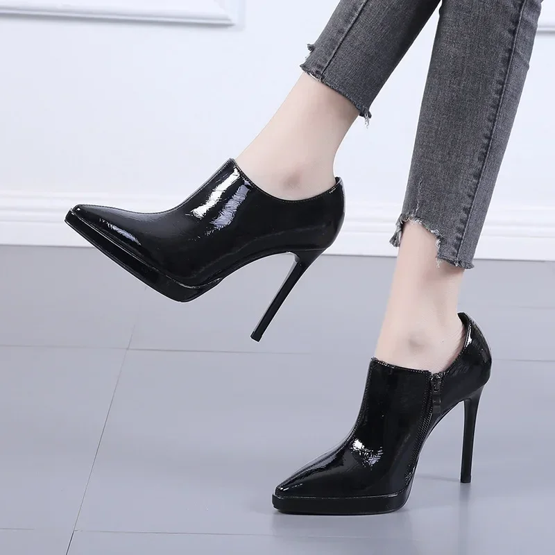 Concise Women Boots PU 10CM Thin High Heels Pointed Toe Side Zipper Street Style British Style Solid Office Career Women Shoes