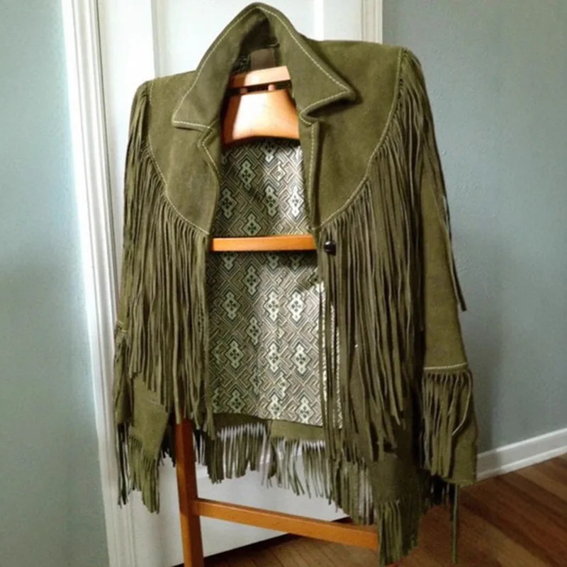 Bohemian Ethnic Style Jacket Green Lapel Pocket Fashion Top Woman Single Button Suede Tassel Long Sleeve Coat Women's Clothing