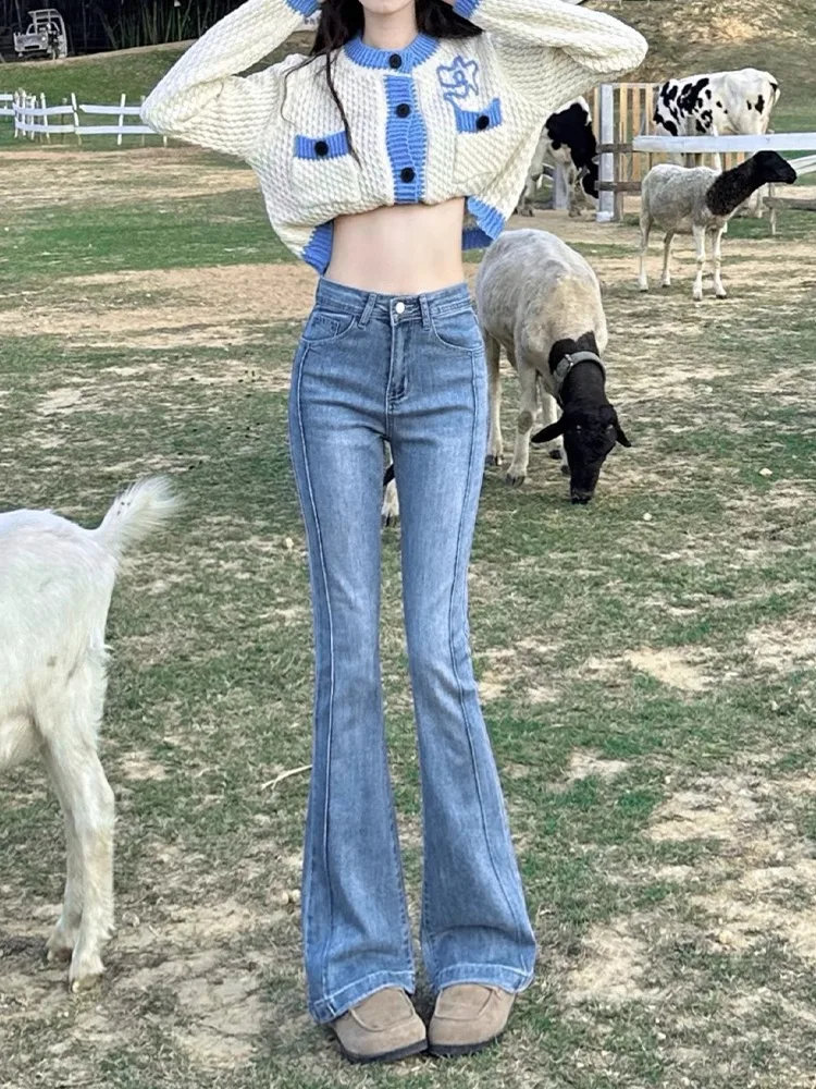 Retro Blue High Waist Slimming Micro Flared Denim Jeans Women's Spring Autumn New Style Cotton Stretchy Bootcut Pants