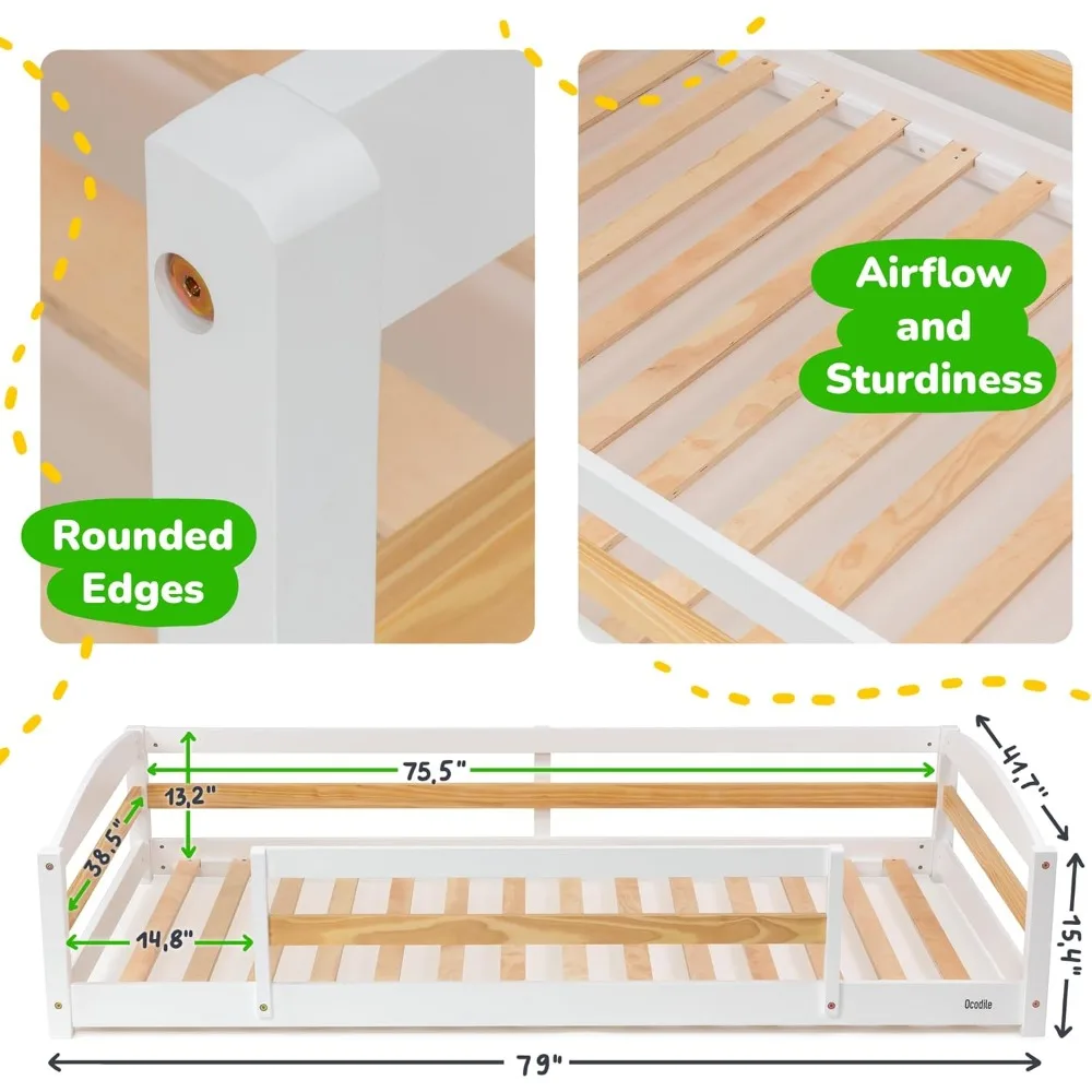 Twin Floor Bed with Safety Guardrails for Kids, Montessori Inspired with Rails and 2 Openings, Twin Size Bed Frame