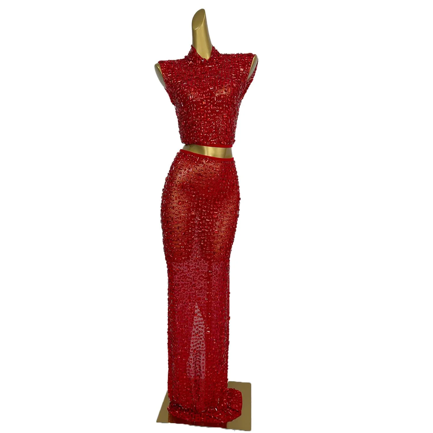 Flashing Red Rhinestones Sexy Long Sheath 2-Pieces Set Birthday Evening Party Luxury Dress Nightclub Singer Stage Wear Gesebei