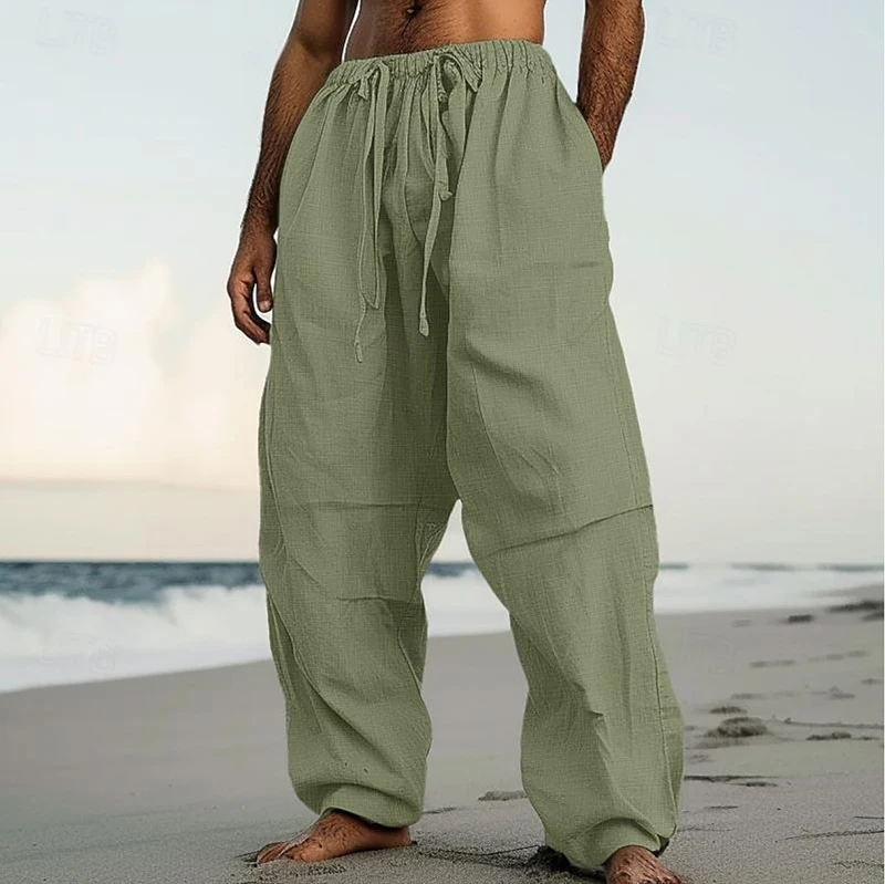 Daily Leisure Loose Pants Mens Summer Beach Seaside Breathable Solid Color Pants Vintage Mens Drawstring Waist Lace-up Trousers