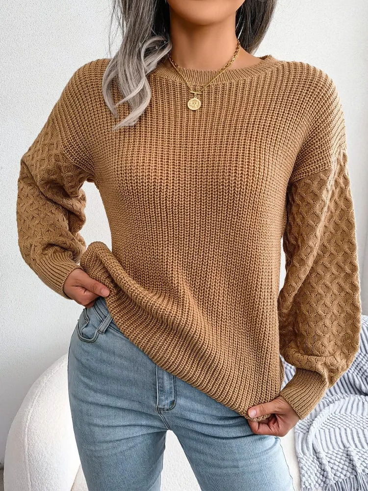 2024 Autumn Winter Casual Lantern Long Sleeved Knitted Sweater Fashion Army Green Round Neck Sweater Elegant Knitted Pullover