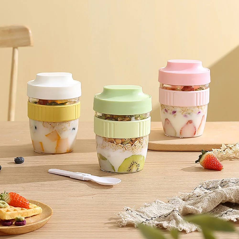 Taza de desayuno transparente, taza de cereales de avena de plástico a prueba de fugas, gruesa con cuchara, taza para ensalada de yogur, Fitness