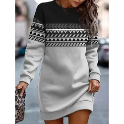 2023 Autumn and Winter Women's New Fashion Casual Loose Fit Comfortable Versatile Printed Contrast Round Neck Sweater Dress