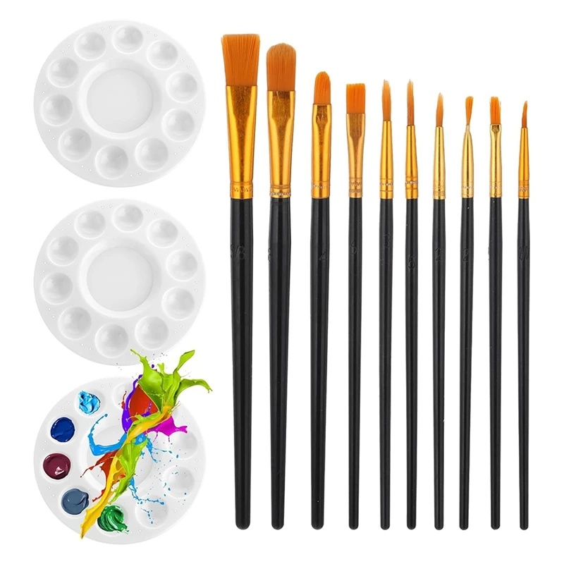 Paint Brush Palette Set 10 Pieces Nylon Craft Acrylic Paint Brushes 3 Pieces Round Paint Tray Palette For Painting