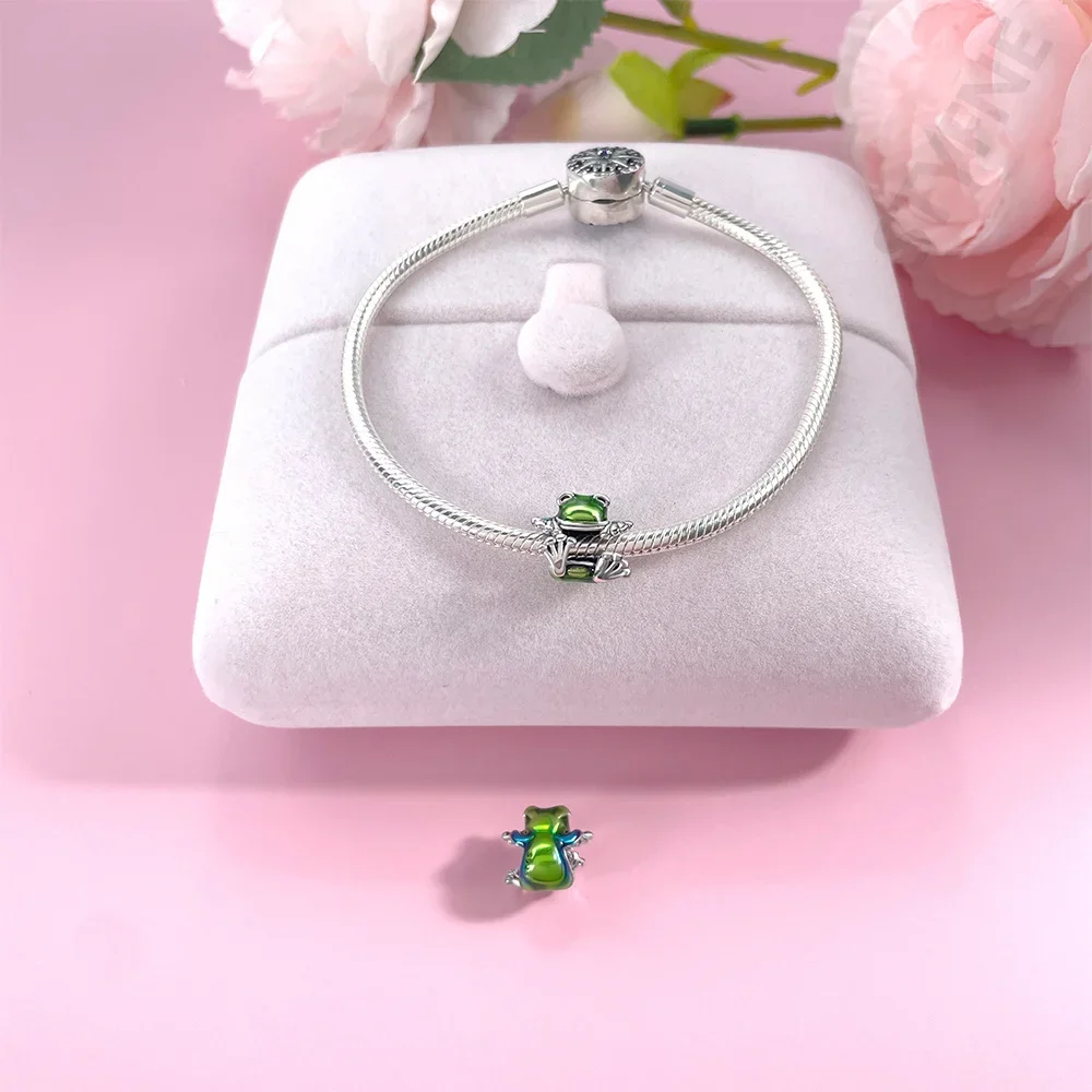 Cute 925 Sterling Silver Green Climbing Frog Charm Fit Pandora Bracelet Women's Tropical Rainforest Play Jewelry Accessory