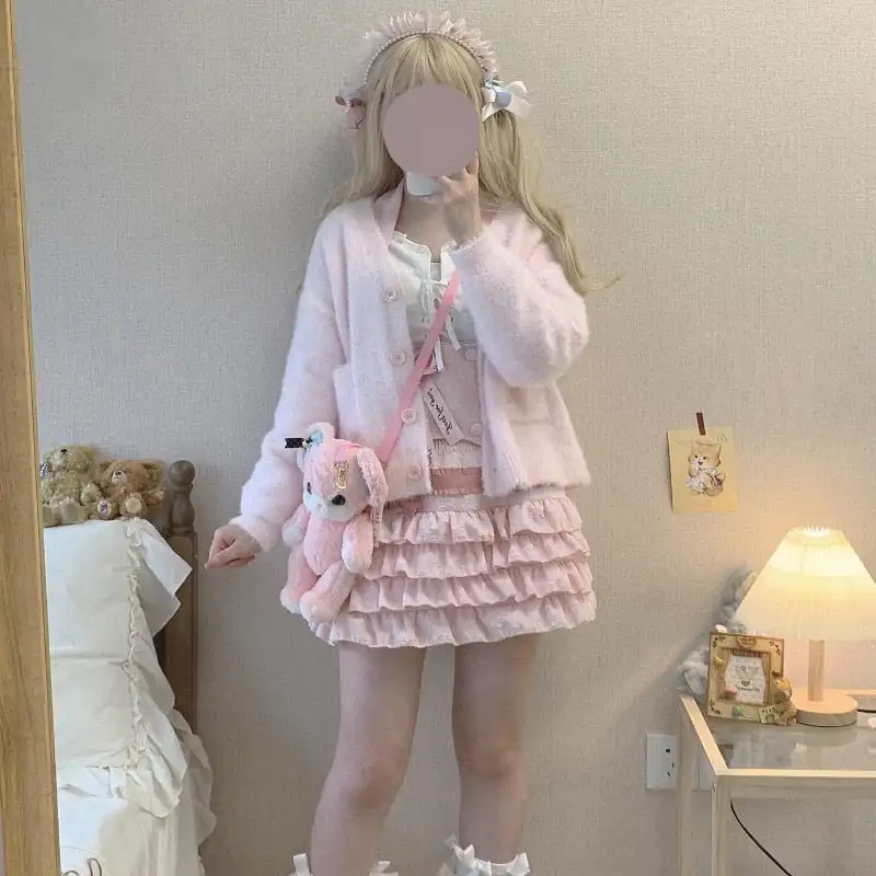 Kawaii Tiered Mesh Ruffle A-line Skirt Low Waist Lolita Style Mini Skirts Y2K Soft Girl Dollcore Skirts Japanese Style Bottom