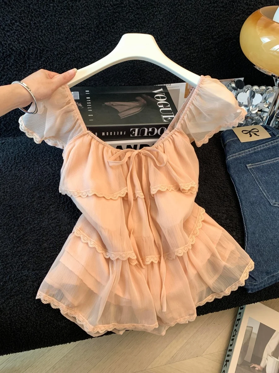 

French Style Lace Patchwork Square Collar Short Sleeve Shirt Women's Summer New Unique Beautiful Top Elegant Girl's Fashion