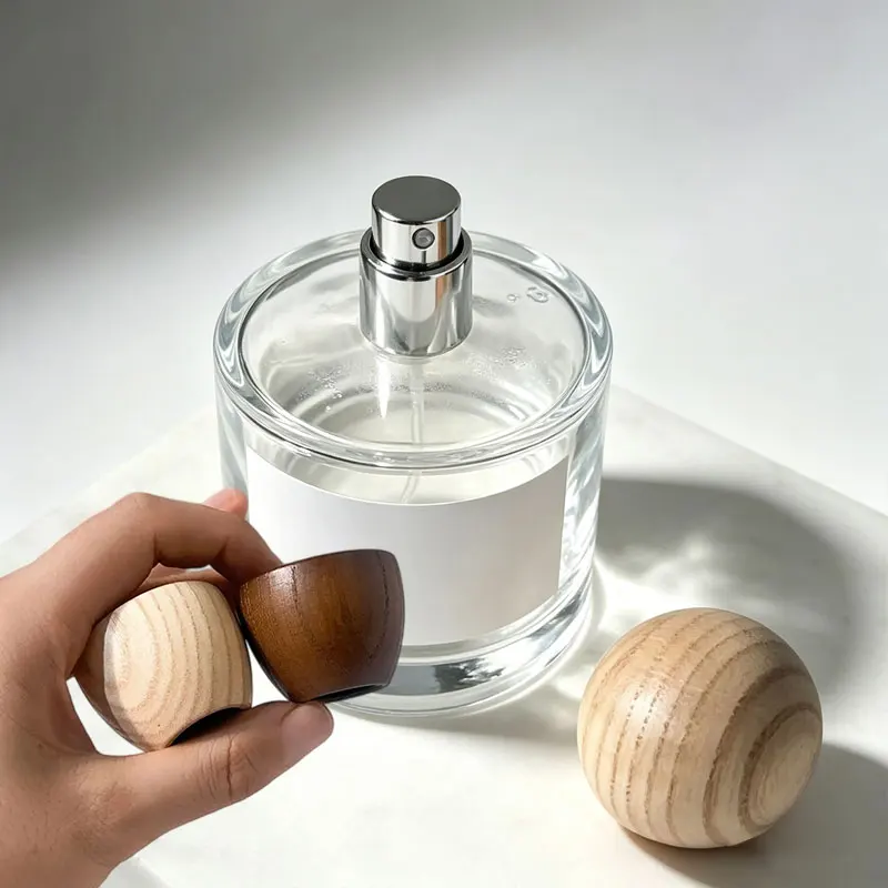 50/100ML Glass Perfume Spray Bottle Wooden Cap Empty Refillable Fine Mist Dispenser for Fragrance DIY Cosmetic Sub‑bottling