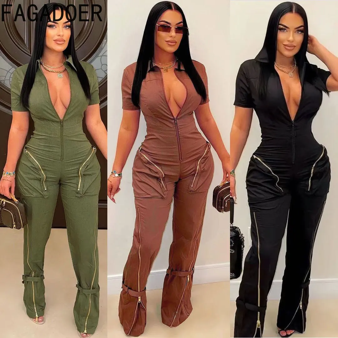 

FAGADOER Sexy Solid Pocket Cargo Pants Jumpsuits Women Deep V Short Sleeve Bodycon Playsuits Fashion Sporty One Piece Overalls
