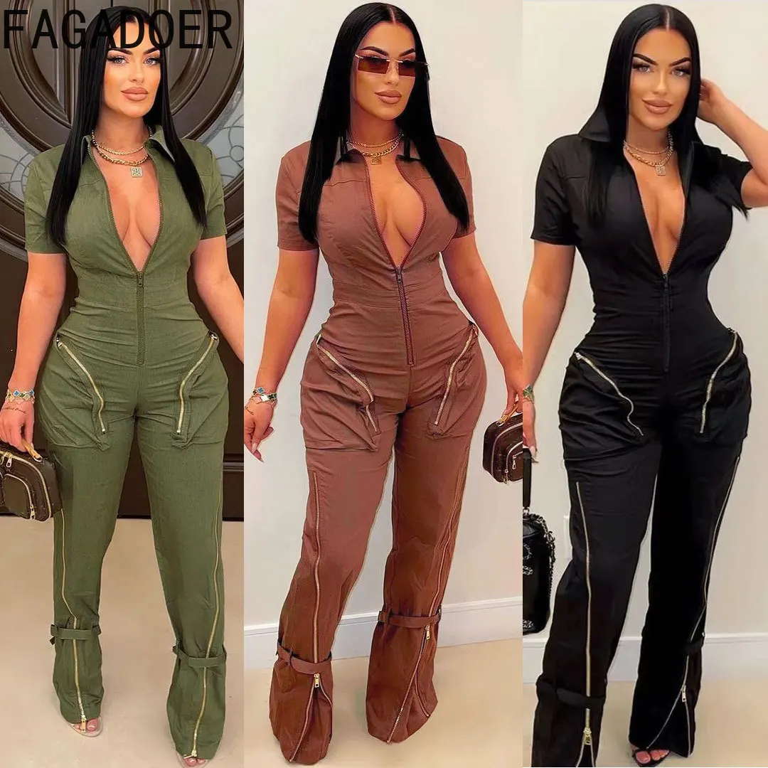 FAGADOER Sexy Solid Pocket Cargo Pants Jumpsuits Women Deep V Short Sleeve Bodycon Playsuits Fashion Sporty One Piece Overalls