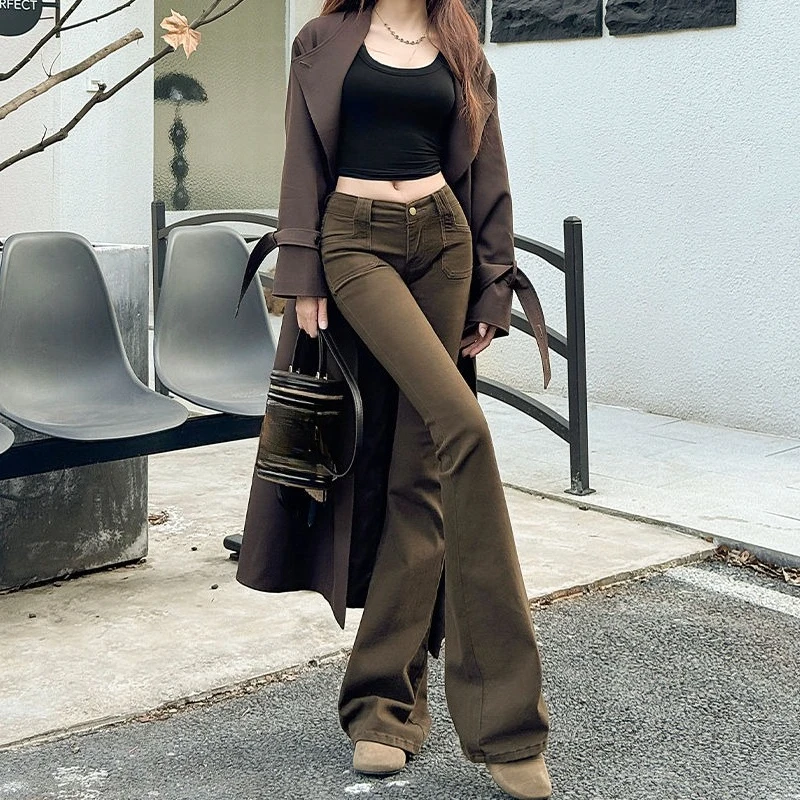  بنطلون جينز نسائي منخفض الارتفاع موديل 2025 شتوي بني قابل للتمدد بقصة ضيقة مبطن بالصوف الحراري #3