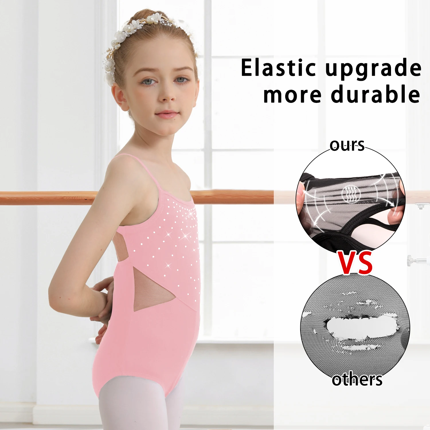 Girls Ballet Camisole Leotards for Dance Hollow Back, Shiny Front Hot Drill, Mesh Waist and Back