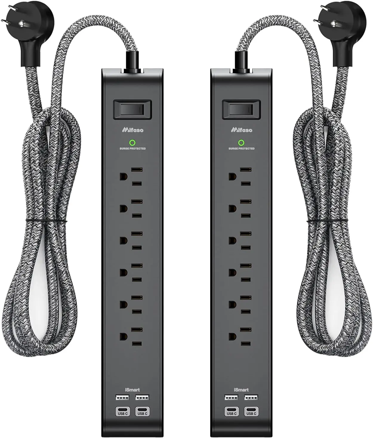 12FT Power Strip with 6 Outlets, 4 USB Ports, Surge Protection, Flat Plug, Wall Mount (2 Pack)