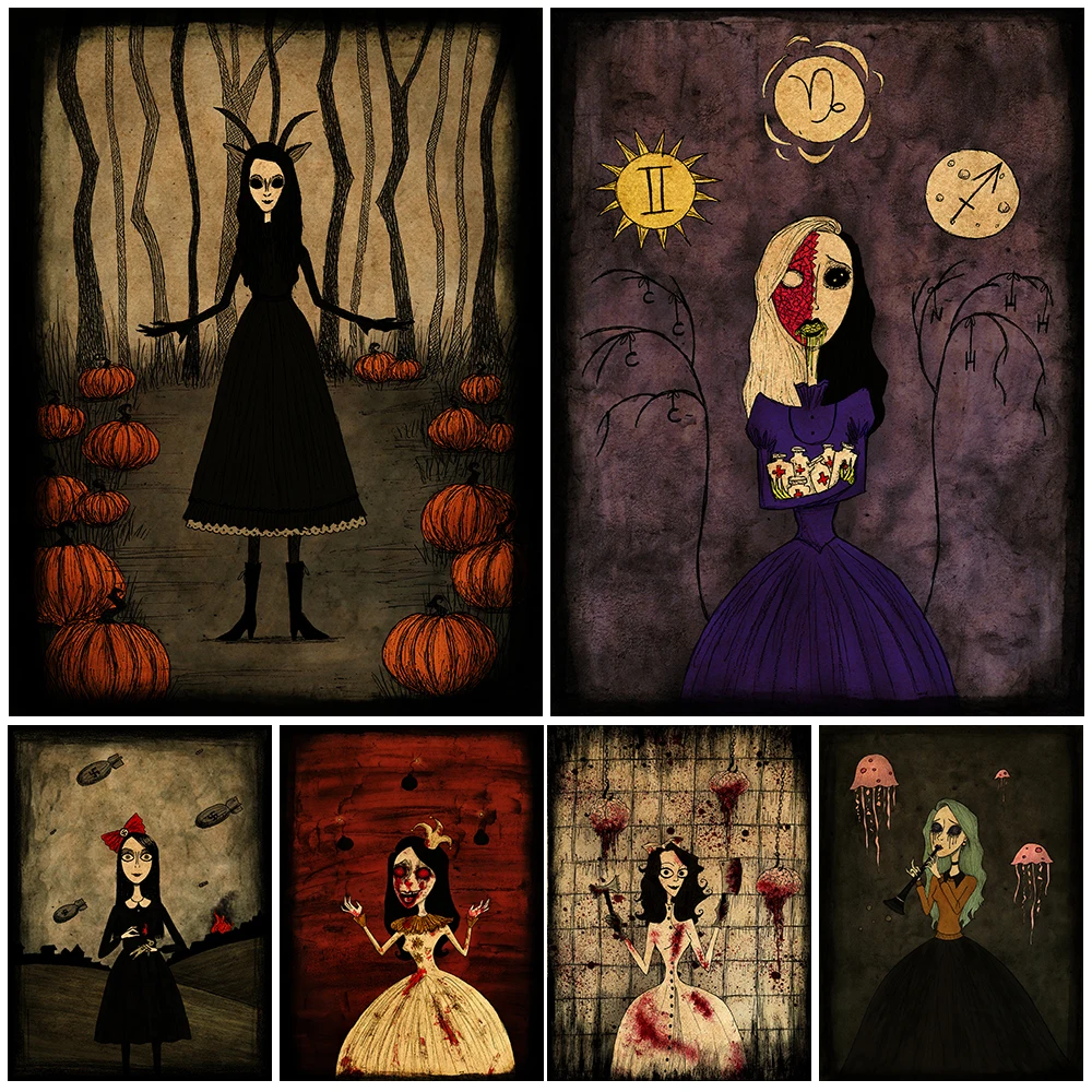 Gothic Horror Curse Girl Art Poster And Print Vintage Dark Little Witch Wall Art Prints Bloody Romantic Canvas Painting Decor