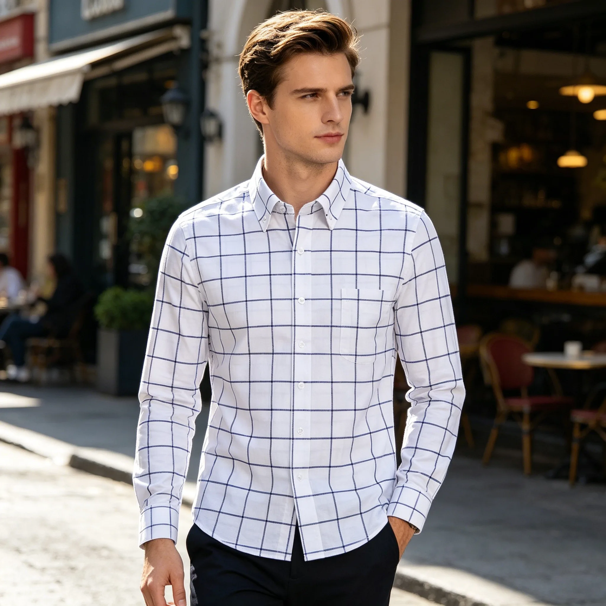 Men's Oxford Long Sleeve Square Collar Soild Plaid Striped Summer Casual Shirts Single Pocket Comfortable Cotton Shirt