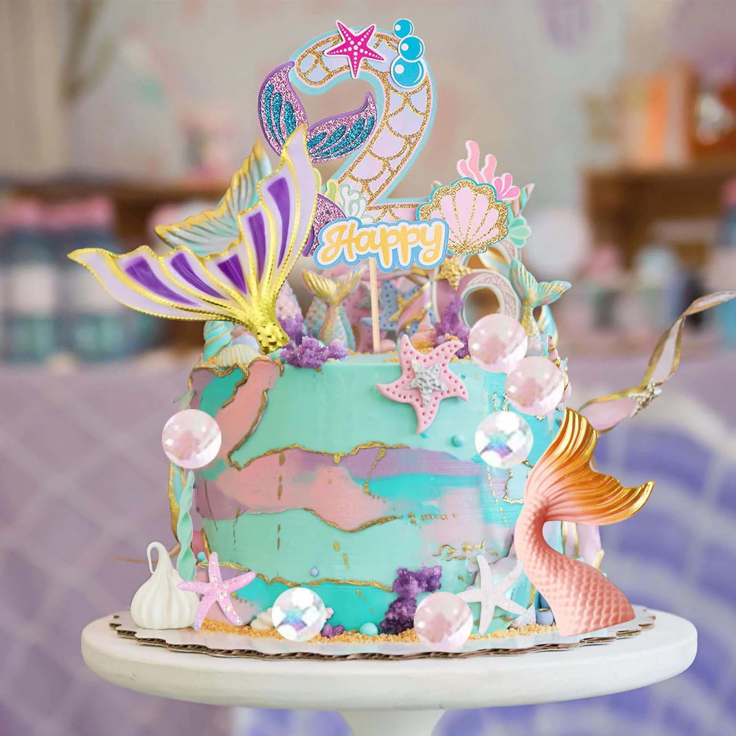 Meerjungfrauenschwanz-Kuchendekoration Weiße Perlenkugeln für Geburtstag Unterwasser-Party Meerjungfrauen-Themenparty Partyzubehör – Detail 10