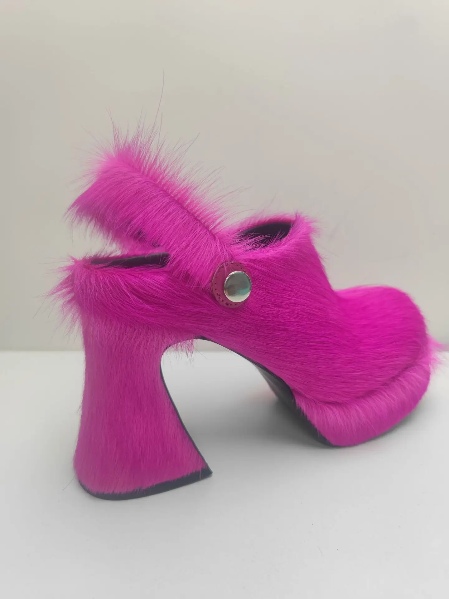 

Furry Cover Round Toe Platform Slippers Chunky Square High Heels Slingback Hollow Back Sandals Solid Casual Outdoor Women Shoes