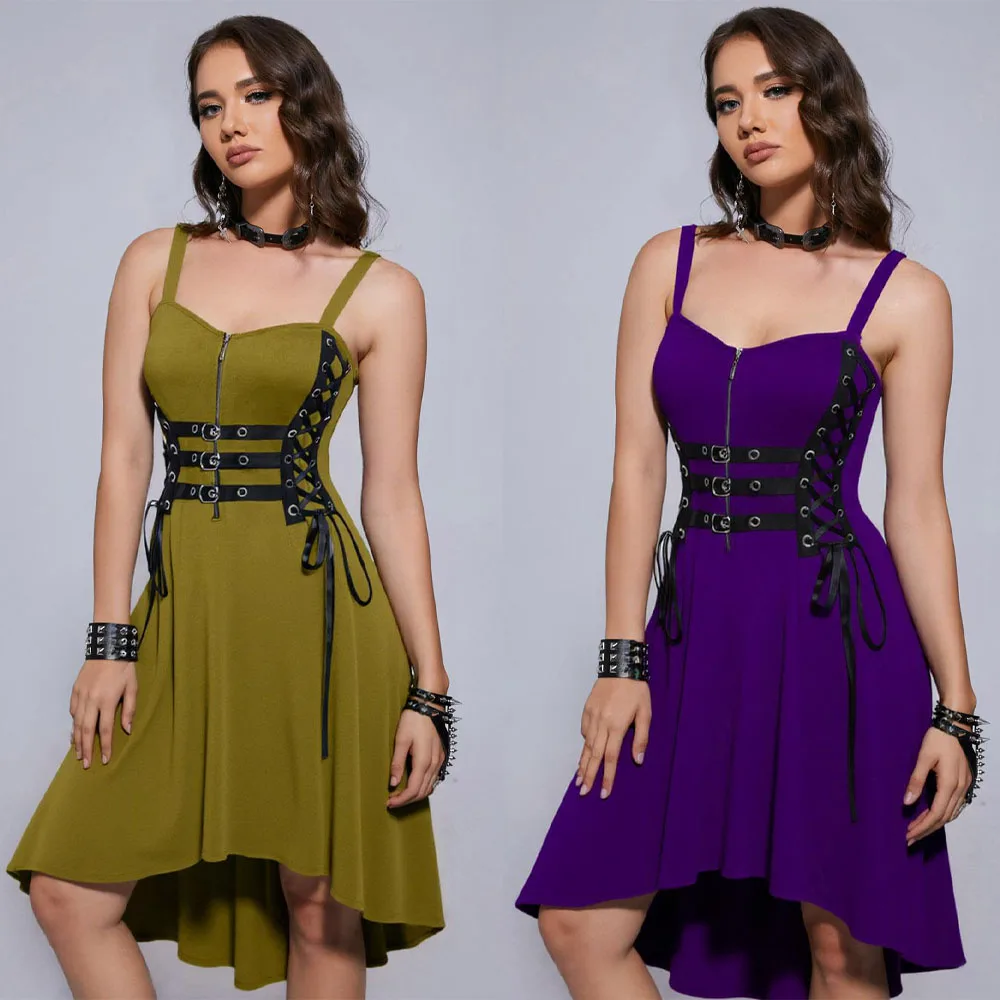 

ROSEGAL Plus Size Lace up Grommets Buckled Zipper High Low Midi Dress Fashion High Waist Asymmetrical Hemline Dresses Vestidos