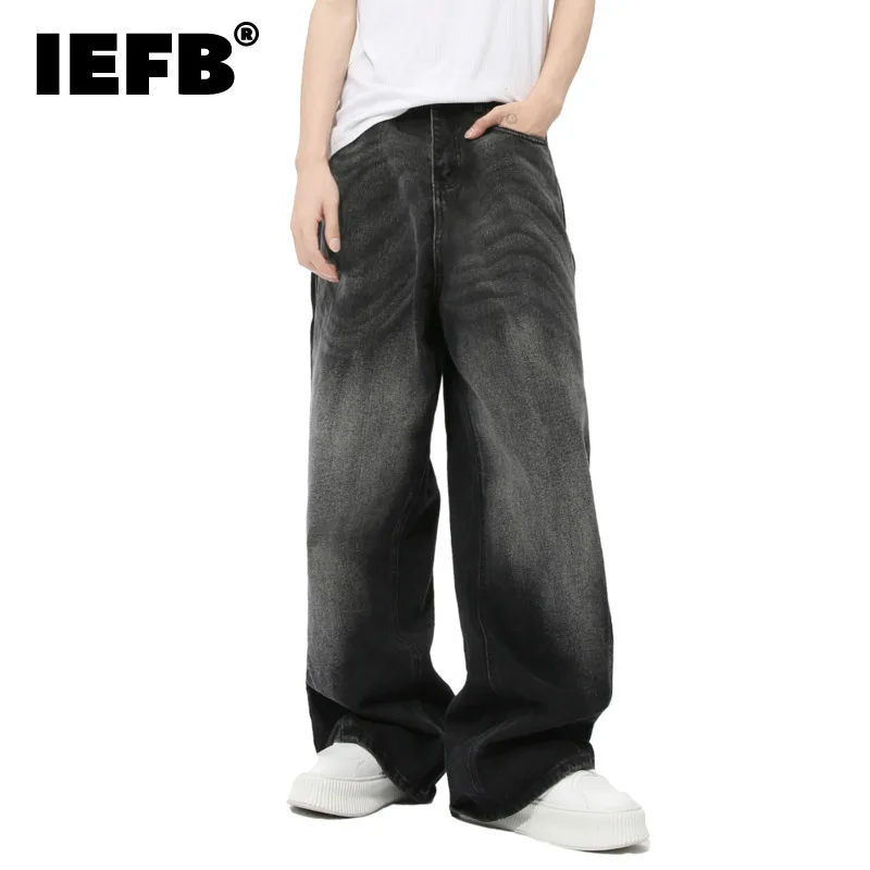 IEFB American Style Men's Jeans Washed Wavy Grain Straight Wide Leg New Autumn Simple Male Denim Pants Simple Menwear 9C7379