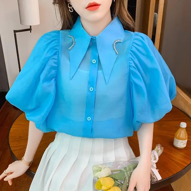 Korean Style Beads Rhinestones Pointed Collar Puff Sleeve Chiffon Shirt 2024 Summer New Fashion Short Blouse Women Tops