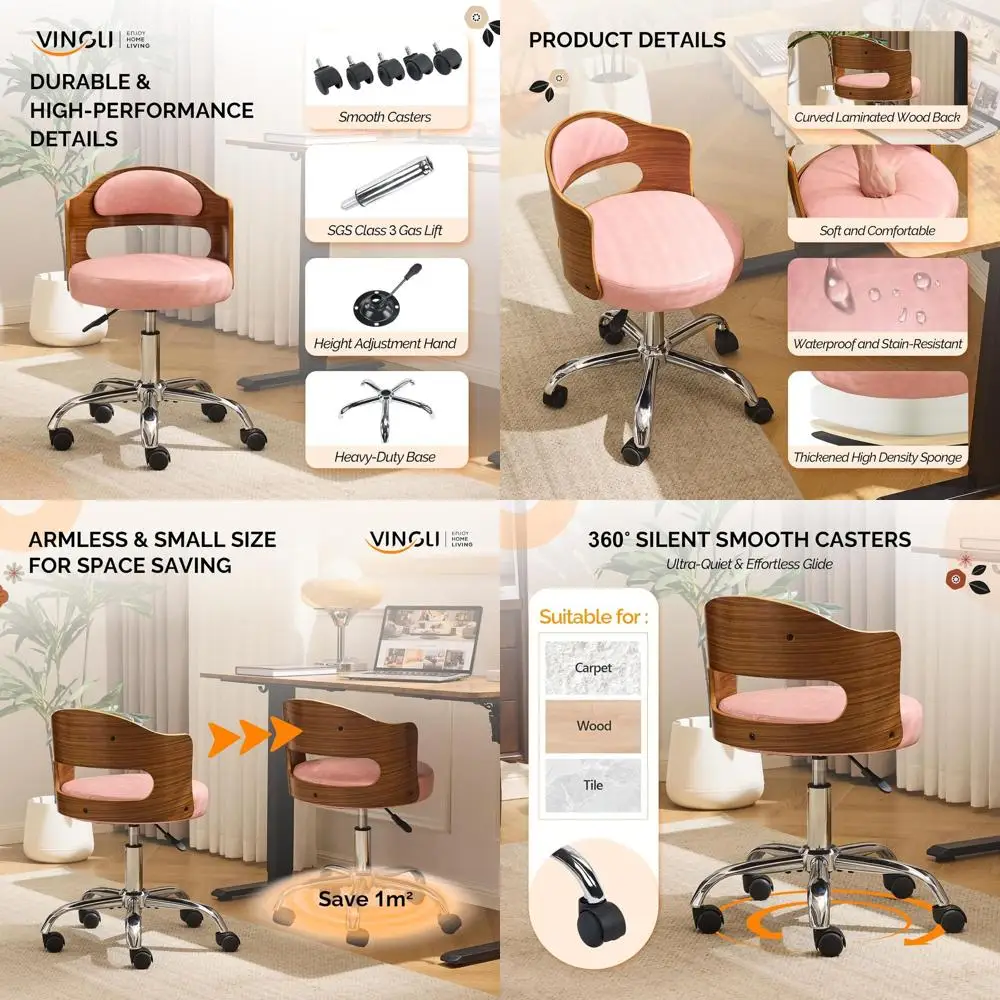 

Pink Adjustable Swivel Desk Chair with/without Wheels, Small Retro Walnut Curved, Cushioned for Study and Workspace
