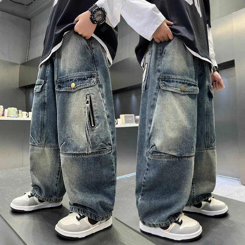 High Quality Kids Heavy Work Baggy Cargo Jeans for Teens Boy Loose Fit Pocket Denim Pants Tweens Child Fashion Jeans Trousers