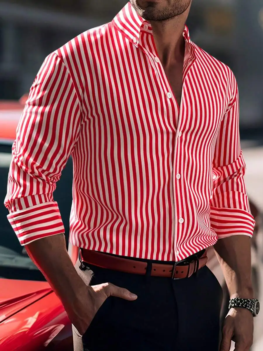 

Men's Red and White Vertical Stripe Long Sleeve Button-Down Shirt Casual Style