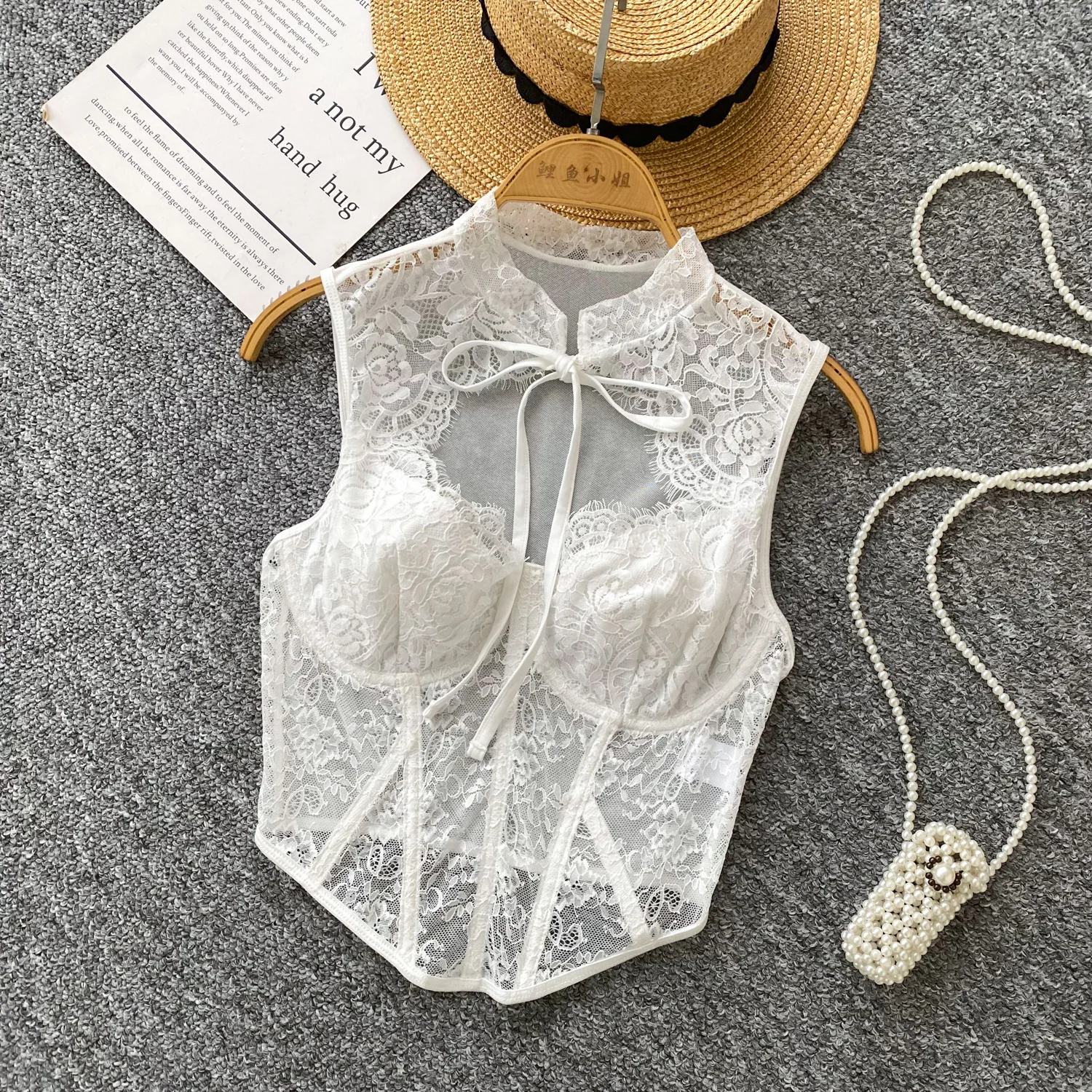 

Sexy Lace See-through Mesh Corset Vest Solid Color Simple Crop Tops Slim Fishbone Camisole Women Summer Fashion Clothes Tank Top