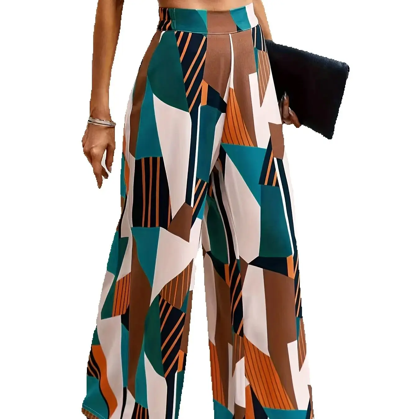 여성용 하이웨이스트 신축성 있는 허리밴드 기하학 무늬 와이드 팬츠, 캐주얼 스타일리시 바지