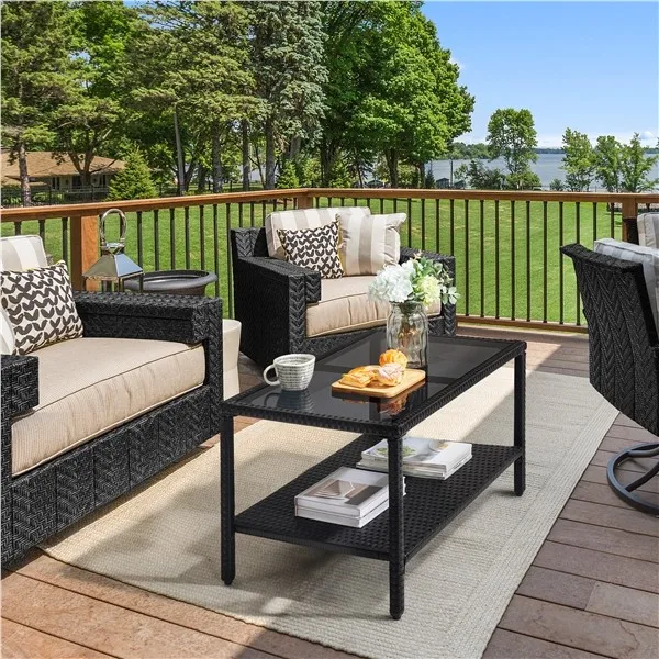 

2-Layer Wicker Coffee Table with Tempered Glass Top and Storage for Yard Black