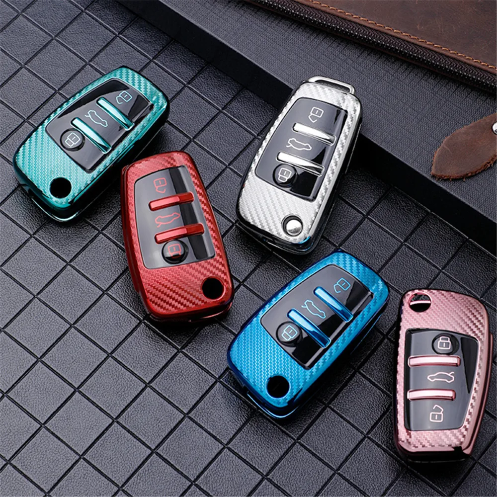 TPU Carbon Fiber Car Key Case Cover Shell for Audi A1 A3 8P A4 A5 A6 C7 A7 S3 S7 S8 R8 Q2 Q3 Q5 Q7 Q8 SQ5 TT RS3 RS6 Key Chain