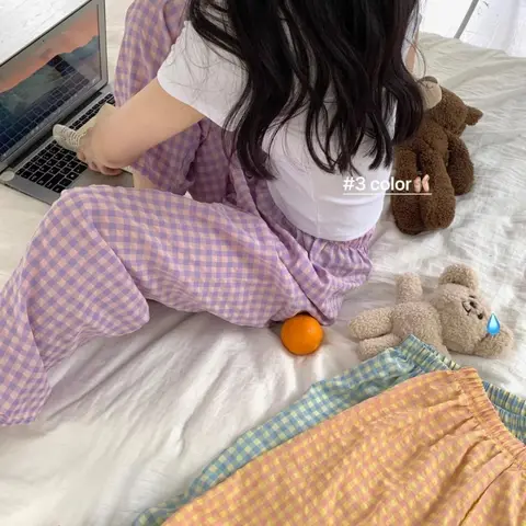 새로운 한국어 격자 무늬 달콤한 편안한 통기성 홈 바지 워킹 바지 파자마 바지 바지 다목적 여름 캐주얼 바지 여성