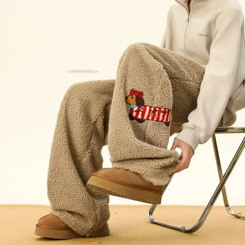 

Winter Lambswool Sweatpants Men Women Cartoon Embroidered Padded Thicken Warm Casual Trousers Male Unisex Couple Straight Pants