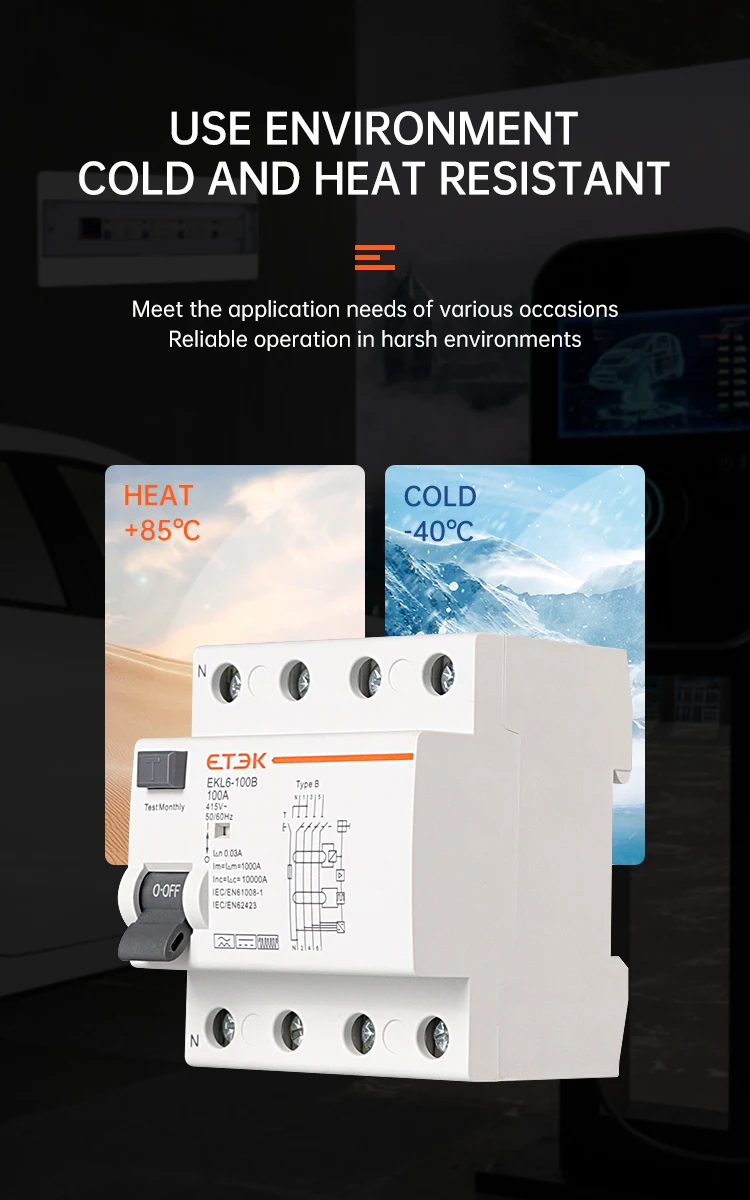 ETEK RCD RCCB Typ B Fehlerstrom-Schutzschalter für Erdung, EVSE 2P 4P 40A 63A 100A 30mA 300mA EKL6-100B DIN-Schiene 220V – Detail 8