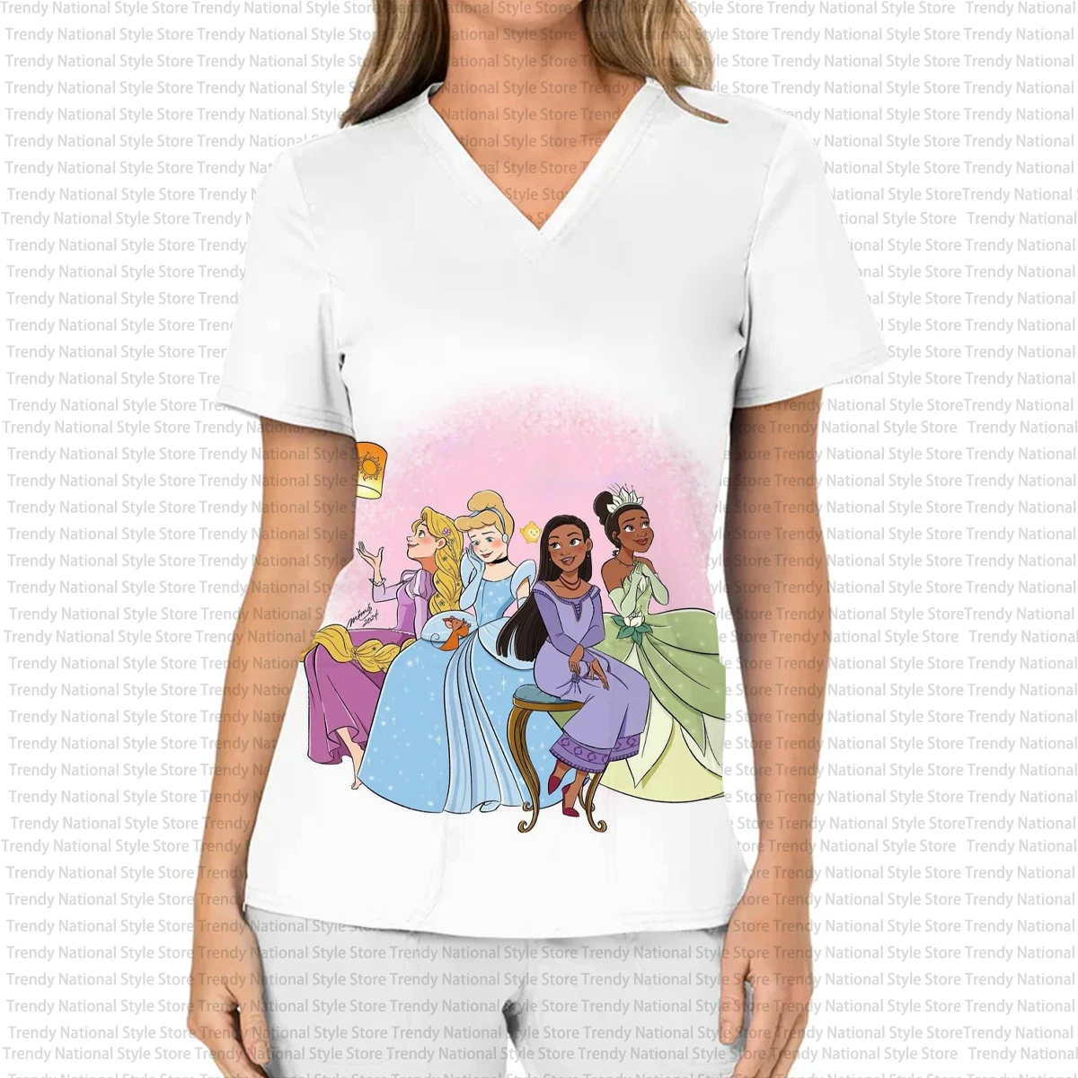 Nuevo uniforme de enfermera de verano para mujer, Top esmerilado con cuello en V estampado, camiseta de tienda de mascotas de Hospital de princesa Jasmine de Disney para mujer