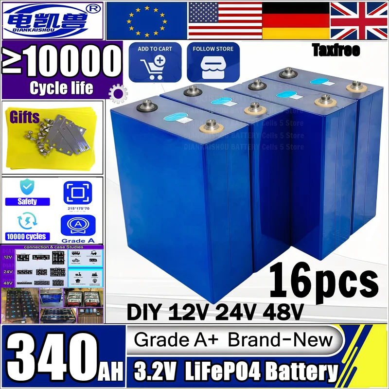 

16 шт. 10000 циклов 3,2 В 320 Ач 340 Ач Lifepo4 аккумуляторная батарея класса A DIY 12 В 24 В 48 В RV EV Лодка Гольф Солнечная энергия беспошлинная торговля