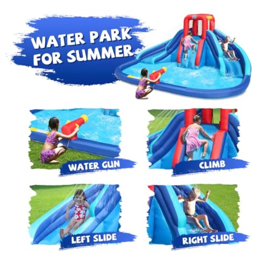 Escorregador de Água Inflável Azul com Grande Piscina, Duplo Escorregador e Parede de Escalada para Diversão ao Ar Livre, Material PVC Durável