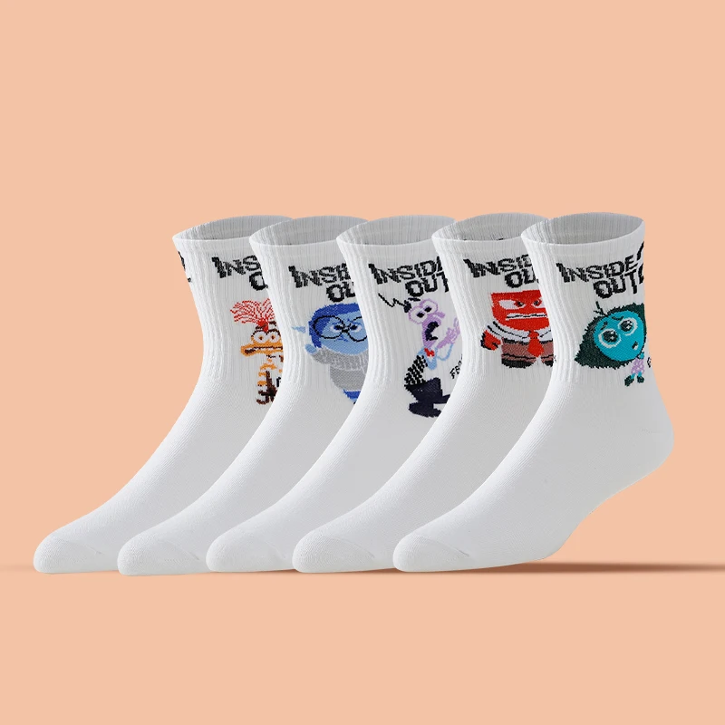 5 Pairs Of Spring/Summer Neutral White Series Fashionable Cool Cartoon Pattern Multifunctional Casual Sports Letter Long Socks
