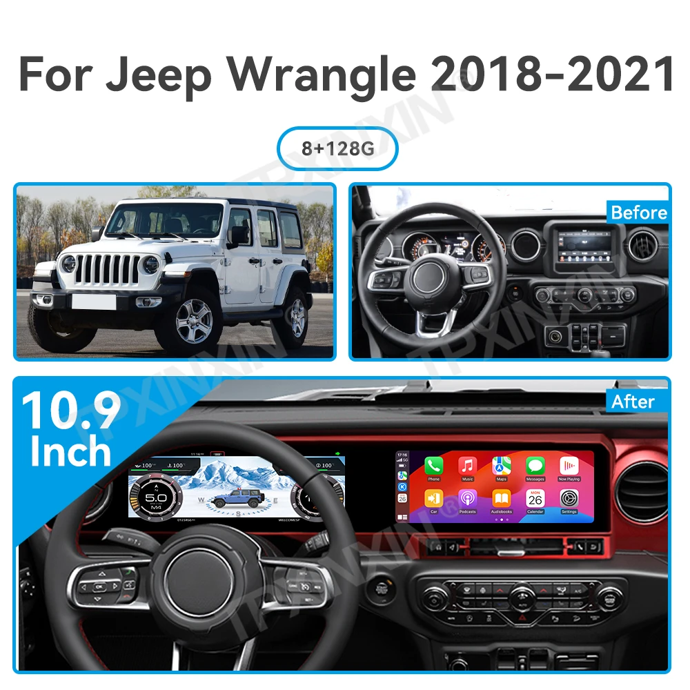 Digital Cluster For Jeep Wrangler JL Gladiator 2018-2023 Car Radio Long Strip QLED Screen Multimedia Player Dashboard Carplay 4G