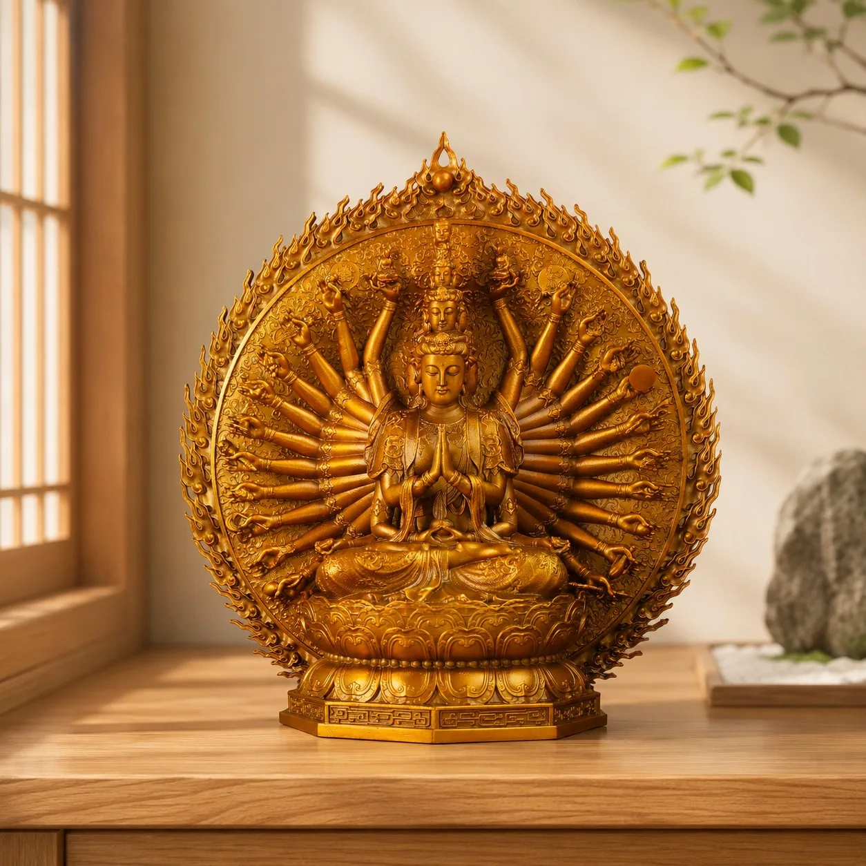 Intricate Handcrafted Copper Thousand Hand Avalokiteshvara Buddha Statue for Zen Home Altar Tabletop Spiritual Decor Gift